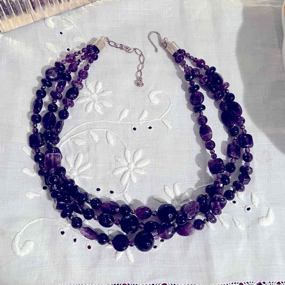 Rich Purple Amethyst Multi-Strand Necklace Stone Beads Sterling 925 Clasp